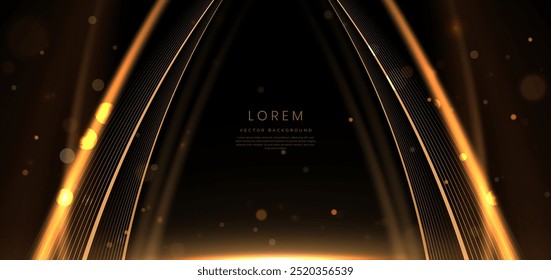 Abstractas líneas de curva de iluminación de oro brillante sobre fondo oscuro con efecto luminoso y brillo con espacio de copia para texto. Estilo de diseño de lujo. Ilustración vectorial