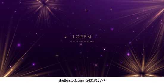 Abstract glowing gold lighting lines on dark purple background with lighting effect and sparkle with copy space for text. Luxury design style. Vector illustration