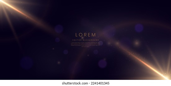 Abstract glowing gold lines on dark purple background with lighting effect and sparkle with copy space for text. Luxury design style. Vector illustration