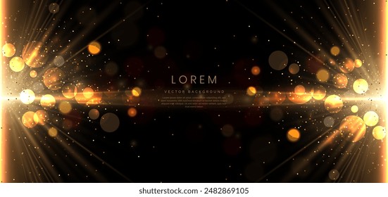 Abstract glowing gold lines on black background with lighting effect and sparkle with copy space for text. Vector illustration