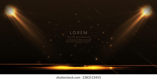 Abstract glowing gold spotlight on dark dark brown background with lighting effect and sparkle with copy space for text. Luxury design style. Vector illustration