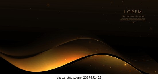 Abstract glowing gold wave element on dark  background with lighting effect glitter and sparkle with copy space for text. Luxury design style. Vector illustration