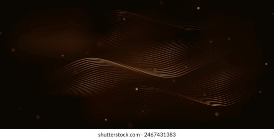 Abstract glowing gold wave lines on dark  background with lighting effect glitter and sparkle. Luxury design style. Vector illustration