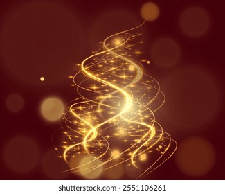 Abstrato brilhante árvore de Natal dourada com luzes giratórias, brilhos, e bokeh em um fundo vermelho escuro. Festivo, mágico e elegante design de férias.