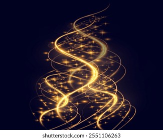 Abstrato brilhante árvore de Natal dourada com luzes giratórias, brilhos, e bokeh em um fundo vermelho escuro. Festivo, mágico e elegante design de férias.