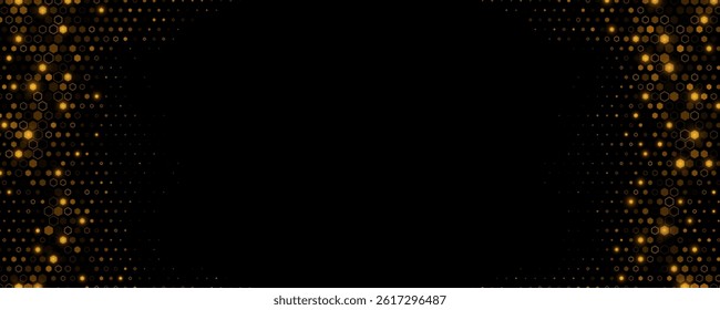 Abstract glowing golden hexagons for Technology or Science background. Cyber honeycomb mosaic template for science banner. Scientific research presentation backdrop. Vector Illustration