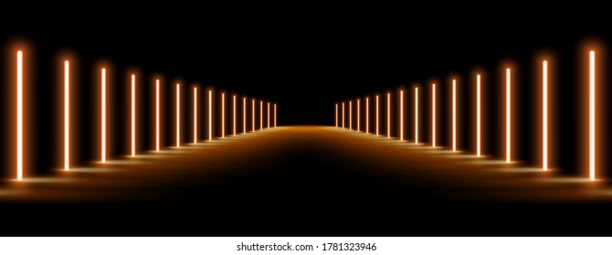 Abstract glowing golden neon lights line floor background. vip neon lights entrance or festival concept. vector illustration.