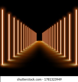 Abstract glowing golden neon lights line floor background. vip neon lights entrance or festival concept. vector illustration.