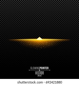 Abstract glowing golden pointer up. Magic arrow with illumination and glowing lights with particles. Pointer for the player interface. Interface Element. Vector illustration