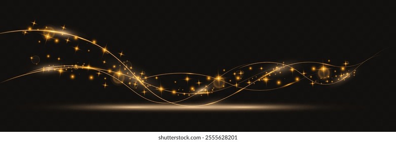 Abstract glowing golden wave with light trails, sparkles, and smooth curves on dark background. Ideal for luxury, energy, technology, or elegant design themes.