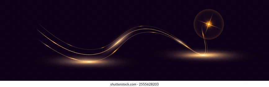 Abstract glowing golden wave with light trails, sparkles, and smooth curves on dark background. Ideal for luxury, energy, technology, or elegant design themes.