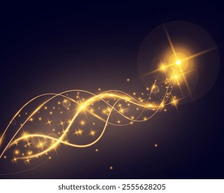 Abstract glowing golden wave with light trails, sparkles, and smooth curves on dark background. Ideal for luxury, energy, technology, or elegant design themes.