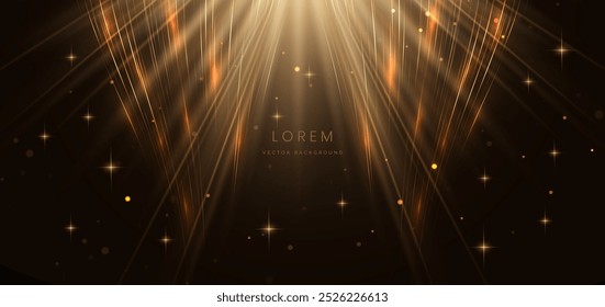 Abstractas líneas de onda dorada brillante sobre fondo negro con efecto luminoso y brillo con espacio de copia para texto. Estilo de diseño de lujo. Ilustración vectorial