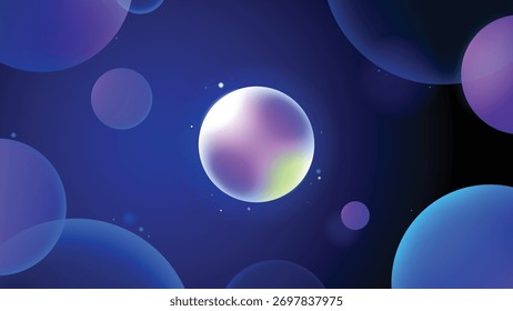Abstract glowing gradient bubbles on a dark blue background. Futuristic vector design with depth and neon light effect for technology or digital themes.