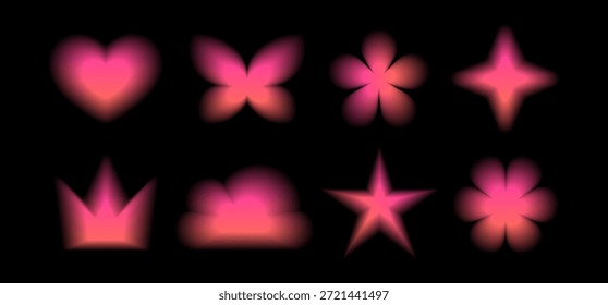 Abstrakte leuchtende Farbverlauf-Formen auf schwarzem Hintergrund mit weicher Unschärfe und Neonlicht-Effekt. Minimale futuristische Symbole, inspiriert von der Ästhetik von Y2K, digitalem Glanz und modernem dekorativem Design.
