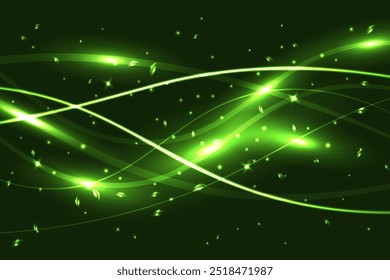 Abstractas fondo verde brillante con ondas y hojas, efecto luminoso con destellos. Ilustración de concepto de tecnología ambiental.