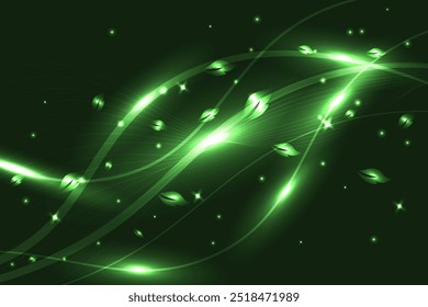 Fundo verde brilhante abstrato com ondas e folhas, efeito de iluminação com brilhos. Ilustração do conceito de tecnologia ambiental.