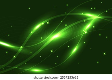 Abstractas fondo verde brillante con ondas, efecto de iluminación con destellos. Ilustración de concepto de tecnología ambiental.
