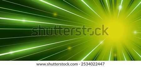 Abstract glowing green energy dynamic light rays. Nuclear electron fusion radiation high speed stripes concept. Anime comic strip radial motion luminous linear trails. Superhero action or sunburst eps