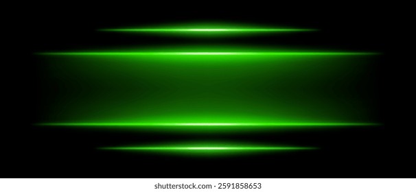 Abstract glowing green light beams dark background. Four parallel neon streaks create a futuristic energy effect with smooth gradients radiant glow. Vibrant illumination modern digital aesthetic