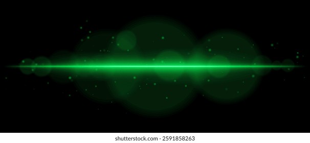 Abstract glowing green light streak on a dark background. A horizontal neon beam with radiant flare, bokeh effects, and floating particles creates a futuristic and dynamic energy glow