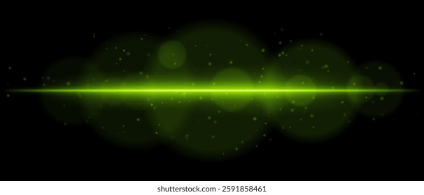 Abstract glowing green light streak on a dark background. A horizontal neon beam with radiant flare, bokeh effects, and floating particles creates a futuristic and dynamic energy glow