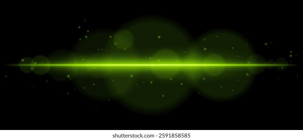 Abstract glowing green light streak on a dark background. A horizontal neon beam with radiant flare, bokeh effects, and floating particles creates a futuristic and dynamic energy glow