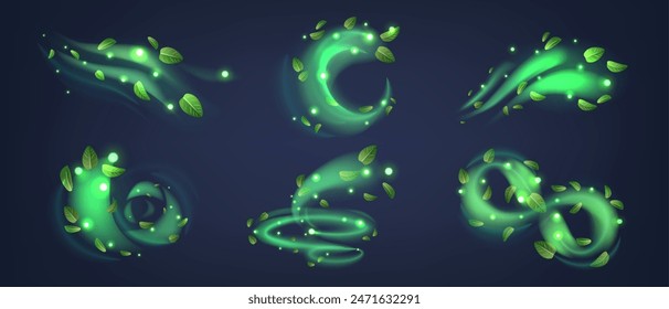 Abstract Glowing Green Peppermint Swirls And Leaves With Light Effects On A Dark Background. Realistic 3d Vector Set