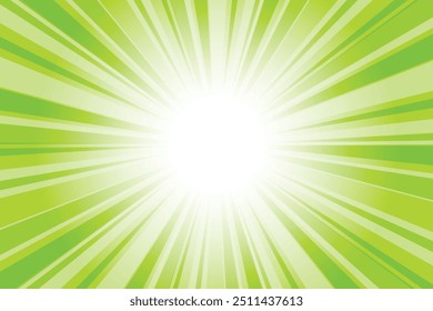 Abstract glowing green sunburst background. Bright green glow effect sunburst background for presentation,  banner, poster, flyer, sales. Modern pop art poster for summer and spring.
