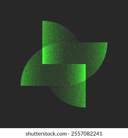 Abstract glowing green vortex geometric composition with noise texture and overlapping translucent shape on a dark background, futuristic minimalist propeller logo design concepts.