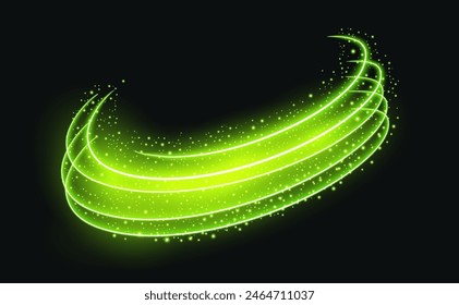 Abstract Glowing Green Wavy Light Line with Neon and Starlight Effect. Luminous rings with sparkling details. Vector. Editable Vector Illustration