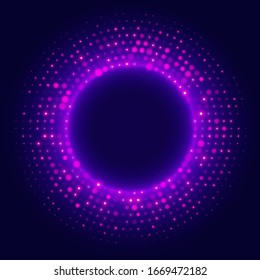 Abstract glowing halftone frame. Stylish background with neon glowing circle halftone for your design. Retro background with glitter dotted pattern for presentation, flyer, poster, promo. Vector