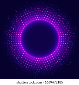 Abstract glowing halftone frame. Stylish background with neon glowing circle halftone for your design. Retro background with glitter dotted pattern for presentation, flyer, poster, promo. Vector