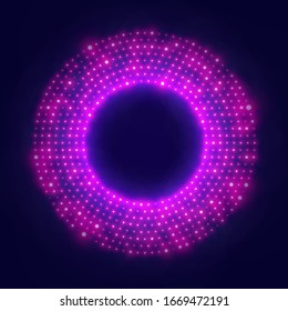 Abstract glowing halftone frame. Stylish background with neon glowing circle halftone for your design. Retro background with glitter dotted pattern for presentation, flyer, poster, promo. Vector