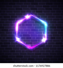 Abstract glowing hexagon background. Geometric wallpaper on brick texture. Electric led lamp banner design. Neon bright vector illustration. EPS 10.
