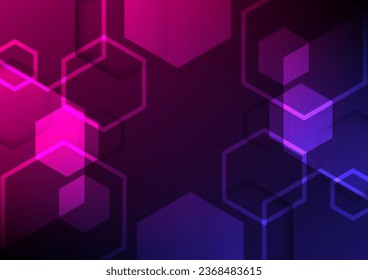 Abstract glowing hexagon shape on dark blue and purple background. Technology, digital, futuristic concepts. Vector Illustration. 