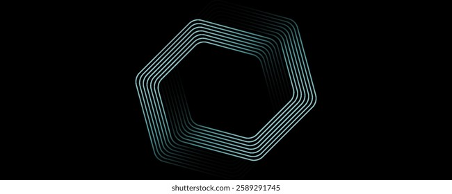 Abstract glowing hexagonal design with gradient teal lines fading into black, symbolizing futuristic technology and innovation.