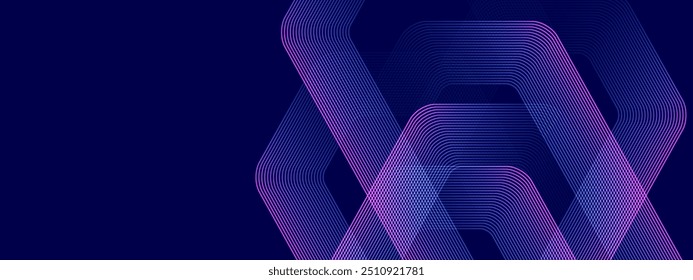 Linhas hexagonais brilhantes abstratas sobre fundo azul escuro. Conceito de tecnologia futurista digital. Projeto de arte de linha de faixa geométrica para cartaz, brochura, capa, site, cabeçalho, banner