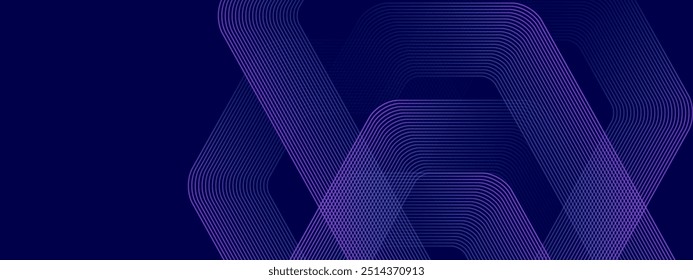 Abstrakt leuchtende sechseckige Linien auf dunkelblauem Hintergrund. Digitales futuristisches Technologiekonzept. Geometrisches Streifenliniendesign für Poster, Broschüre, Cover, Website, Header, Banner