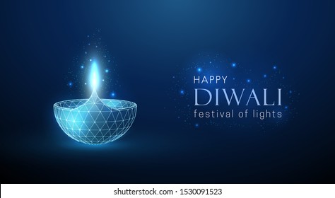 Abstract glowing lamp. Diwali greeting card. Abstract geometric background. Wireframe light connection structure. Modern 3d graphic concept. Isolated vector illustration.