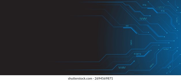 Abstrakt leuchtender hellblauer Neon-AI-Chip mit dünnen Schaltungskontaktlinien.