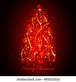 Abstract glowing light Christmas tree. Christmas background red and black colors. Vector illustration.