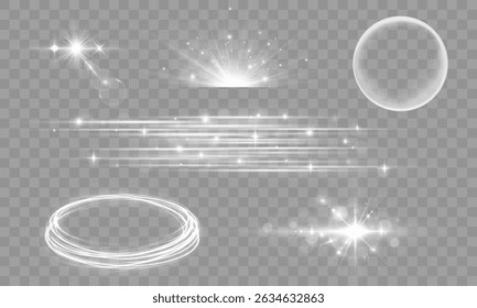 Abstract glowing light with flare, wave motion, sparkling explosion, neon spark, sunbeam, twirl and shine, festive white background with transparent curve, magic particles and vibrant vector design


