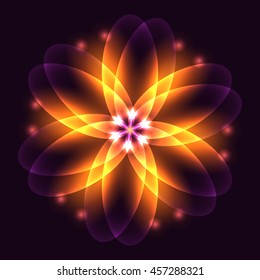 Abstract glowing light flower, symbol of life and energy, fire fractal. Vector illustration. 