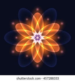Abstract glowing light flower, symbol of life and energy, fire fractal. Vector illustration. 