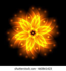 Abstract glowing light flower, symbol of life and energy, fire fractal. Vector illustration. 