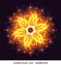 Abstract glowing light flower, symbol of life and energy, fire fractal. Vector illustration. 
