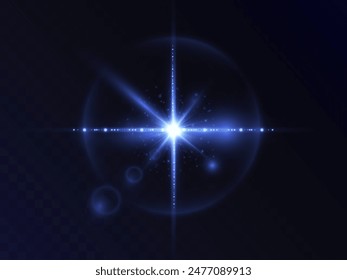 Abstract glowing light PNG explodes with bright blue light on a black background. The bright sun is shining PNG. Special glare effect. Bright flash.