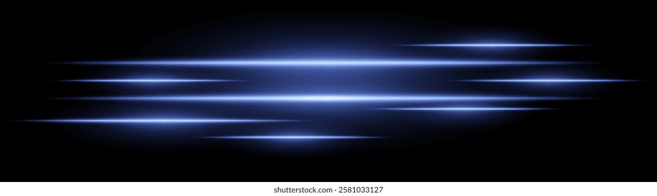 Abstract glowing light streaks on a black background. Bright horizontal blue beams create a speed and motion effect. Suitable for technology, sci-fi, digital energy, and futuristic themes