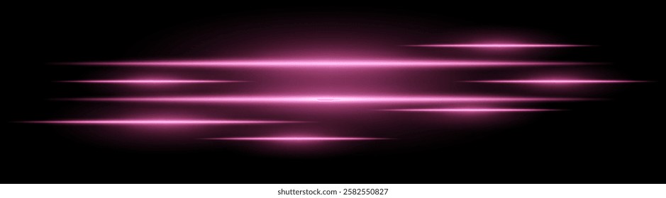Abstract glowing light streaks on a black background. Bright horizontal pink beams create a speed and motion effect. Suitable for technology, sci-fi, digital energy, and futuristic themes